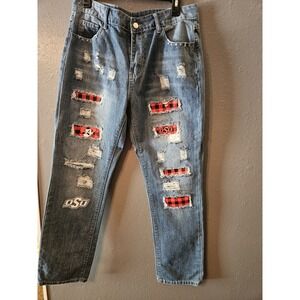 Osu Themed MOM Pants High Rise 34 Waist 30 Inseam 10"Rise distressed patched(599